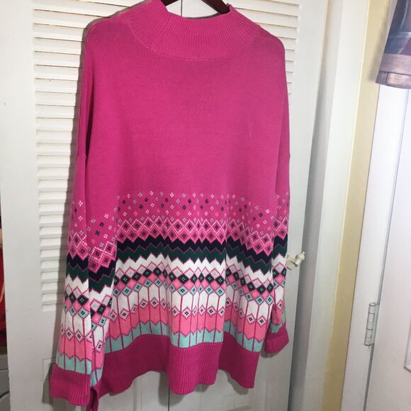 Sz xxl Crown & Ivy mock neck sweater pink fair isle pullover chest 62" vented si - Picture 2 of 5